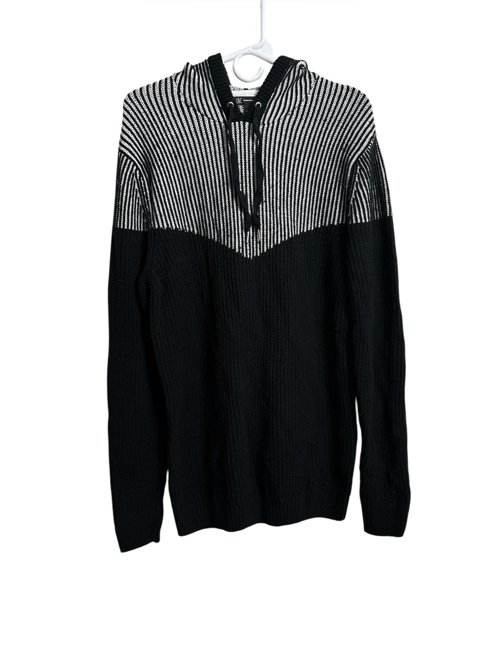 INC International Concepts Men’s Black & White Striped Crewneck Hoodie Sweater